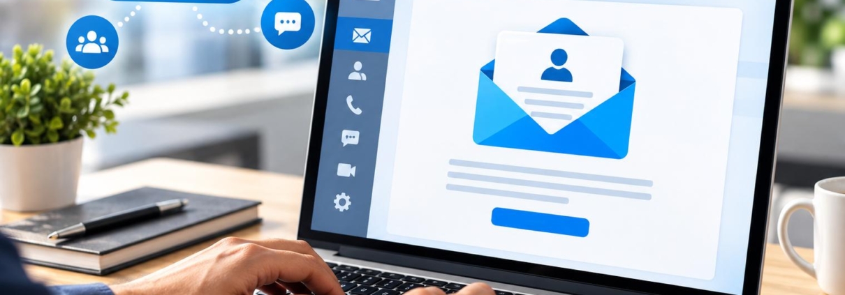 User sending a welcome email for MyCloud UCaaS portal access on a laptop with cloud communication icons.
